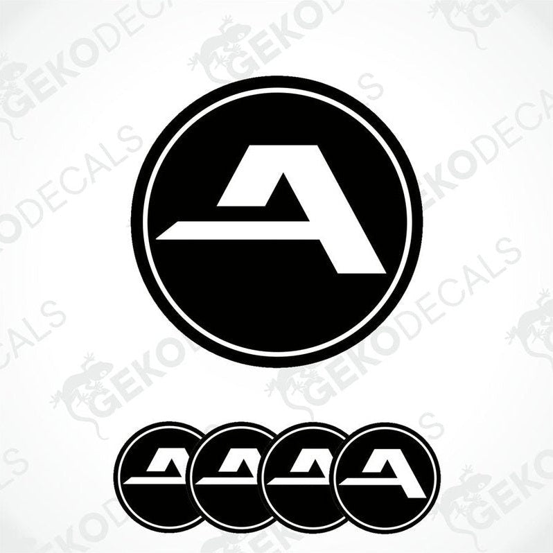 A set of four black vinyl stickers with a white 'ALCAR' logo design, displayed on a transparent background.