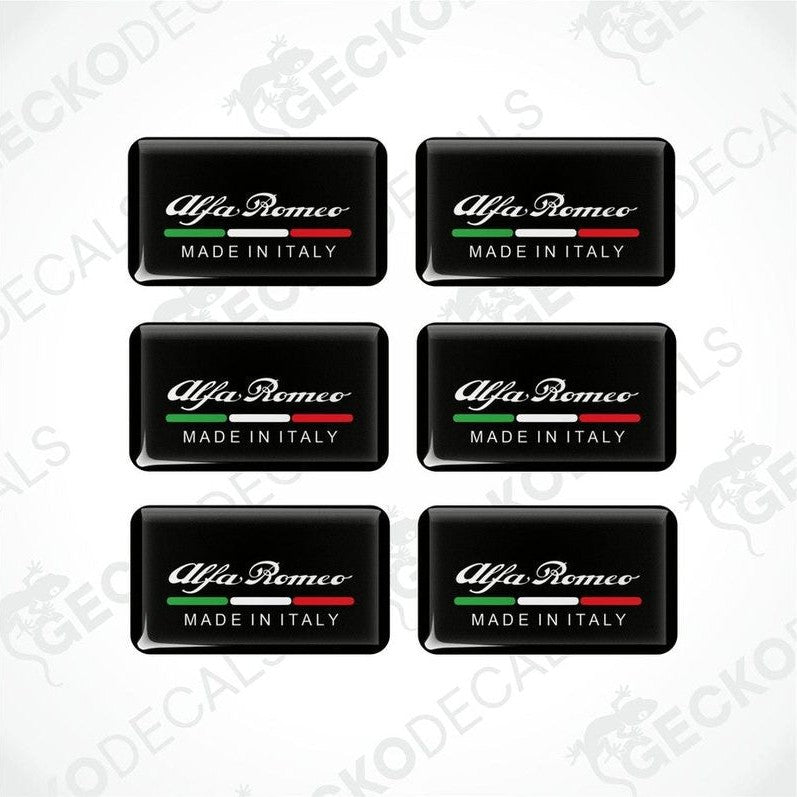 Set of six Alfa Romeo branded vinyl decals with 'Made in Italy' text and the Italian flag colors.