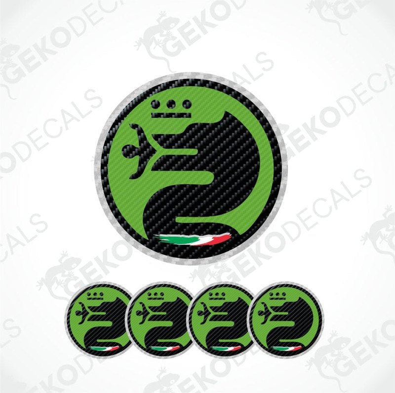 Set of green and black decals with a logo and text on a white background.