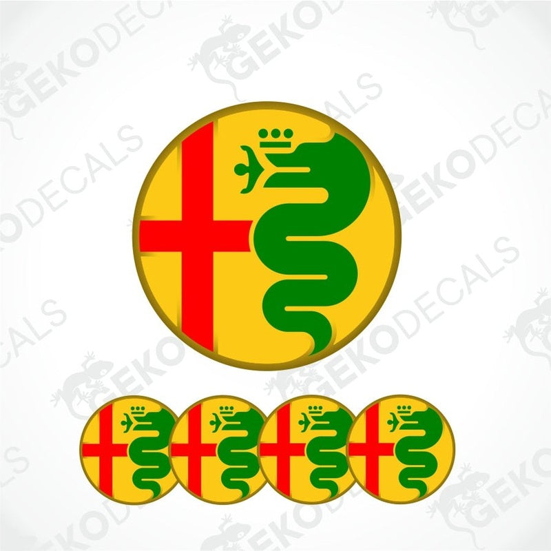 Set of round decals with a green snake, red cross, and yellow background on a white background.