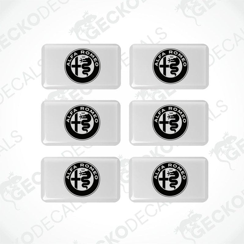 A set of six white vinyl stickers with the ALFA ROMEO brand logo printed on them.