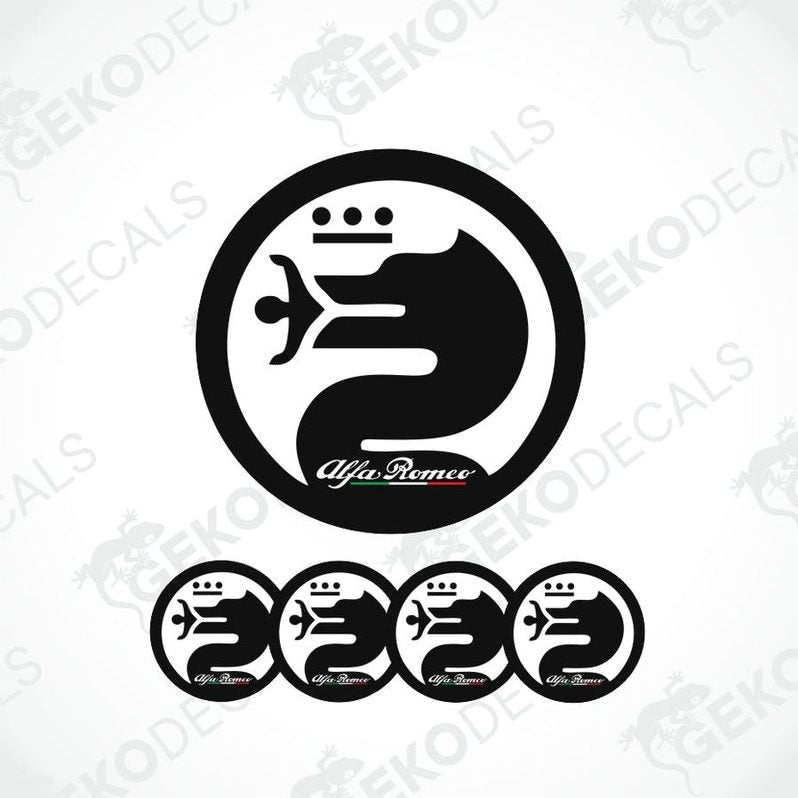 A set of four round vinyl stickers with a black and white Alfa Romeo logo design, displayed against a white background.