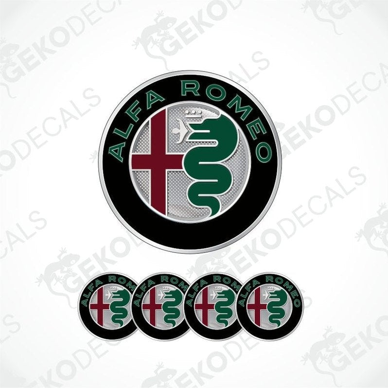 Set of four Alfa Romeo branded vinyl decals with a polyurethane coating, featuring the car logo with a green snake on a red and white background.