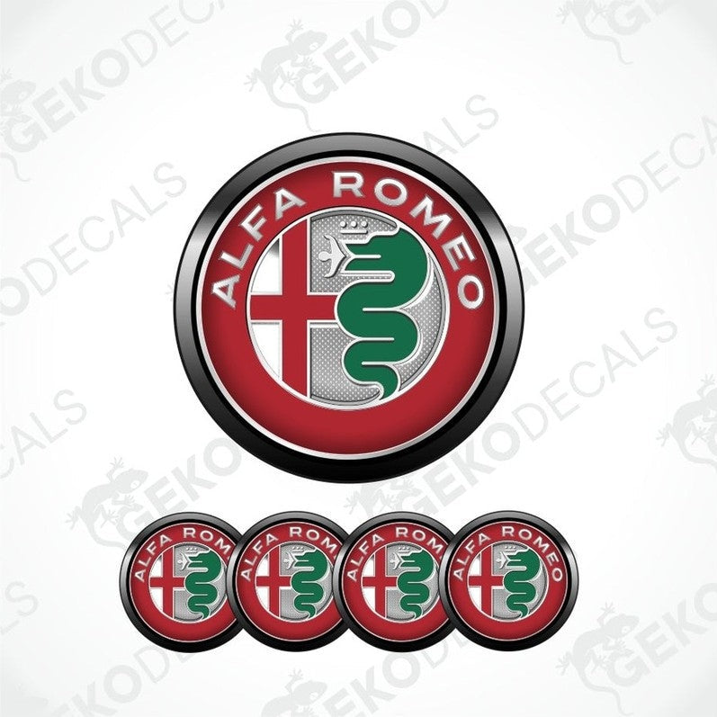 Alfa Romeo logo and five smaller versions on a white background with 'Geckodecals' branding.