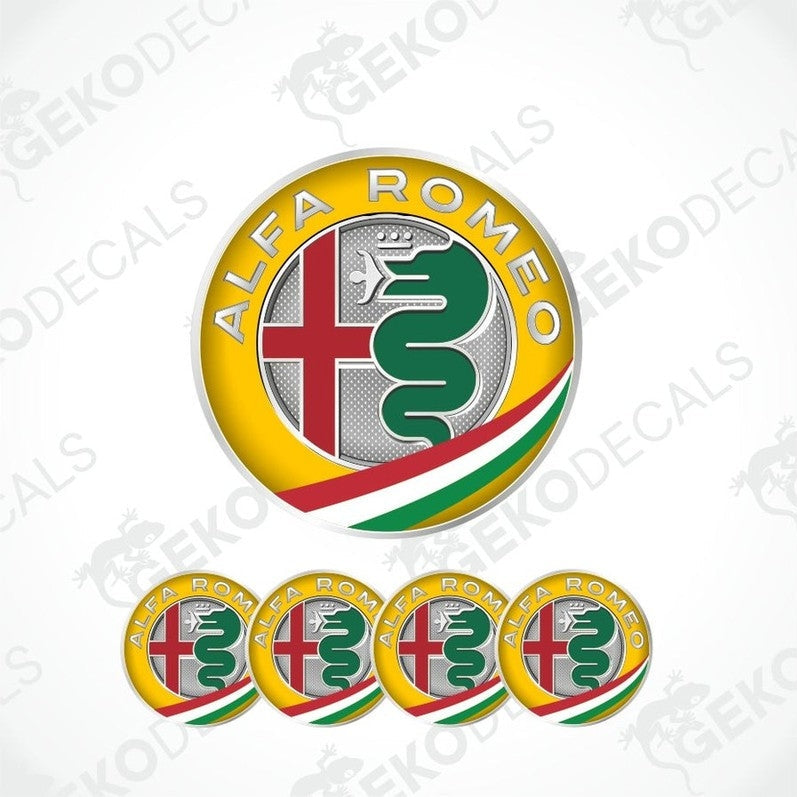 Alfa Romeo logo and multiple decals on a white background