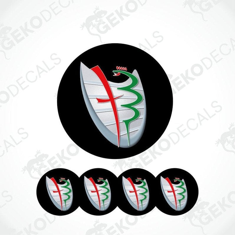 Set of car wheel rim stickers with a logo on a white background