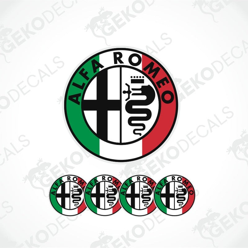 A set of four round vinyl stickers with the Alfa Romeo logo in the center, featuring colors black, white, red, and green, and the GeckoDecals brand logo.