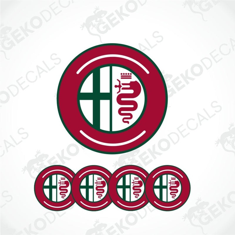 A set of four red, white, and green car decals featuring the Alfa Romeo logo.