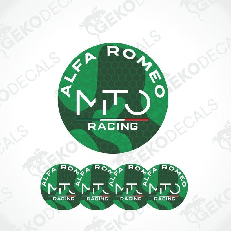 A set of round car decals featuring the Alfa Romeo Mito Racing logo in green and white.