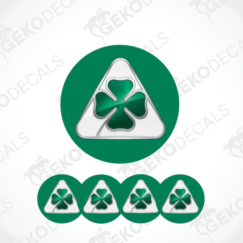 Green four-leaf clover design on a dark green round on a white background with 'Geckodecals' branding.