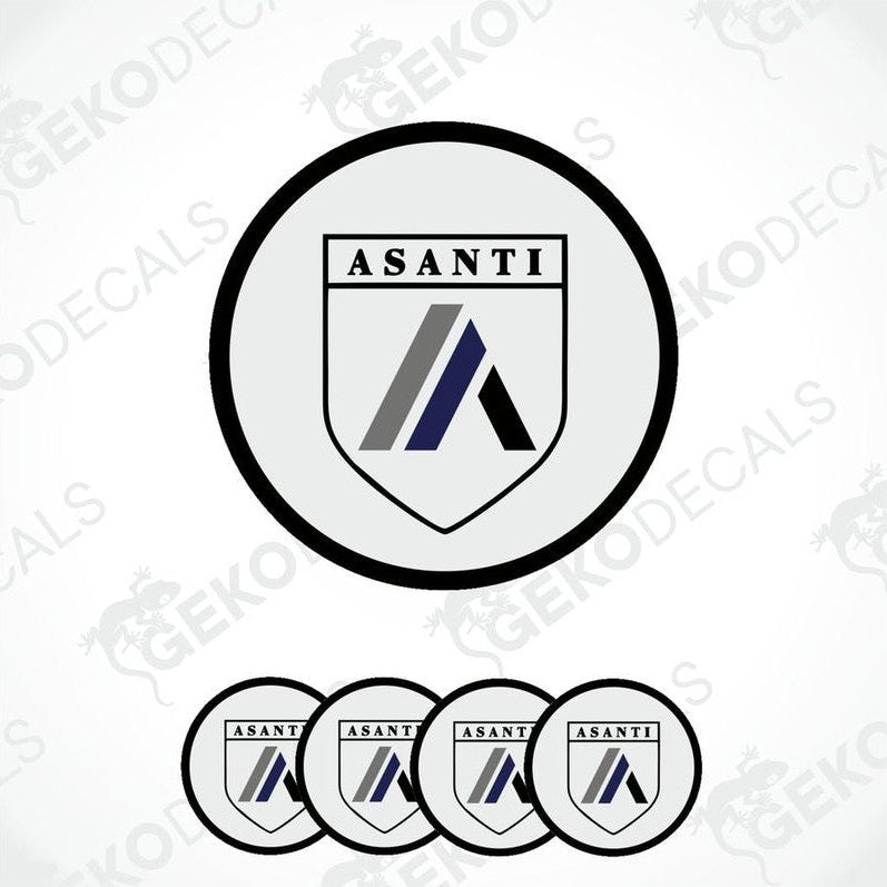 A set of round vinyl stickers with a geometric design featuring the brand name ASANTI, created by Gecko Decals.