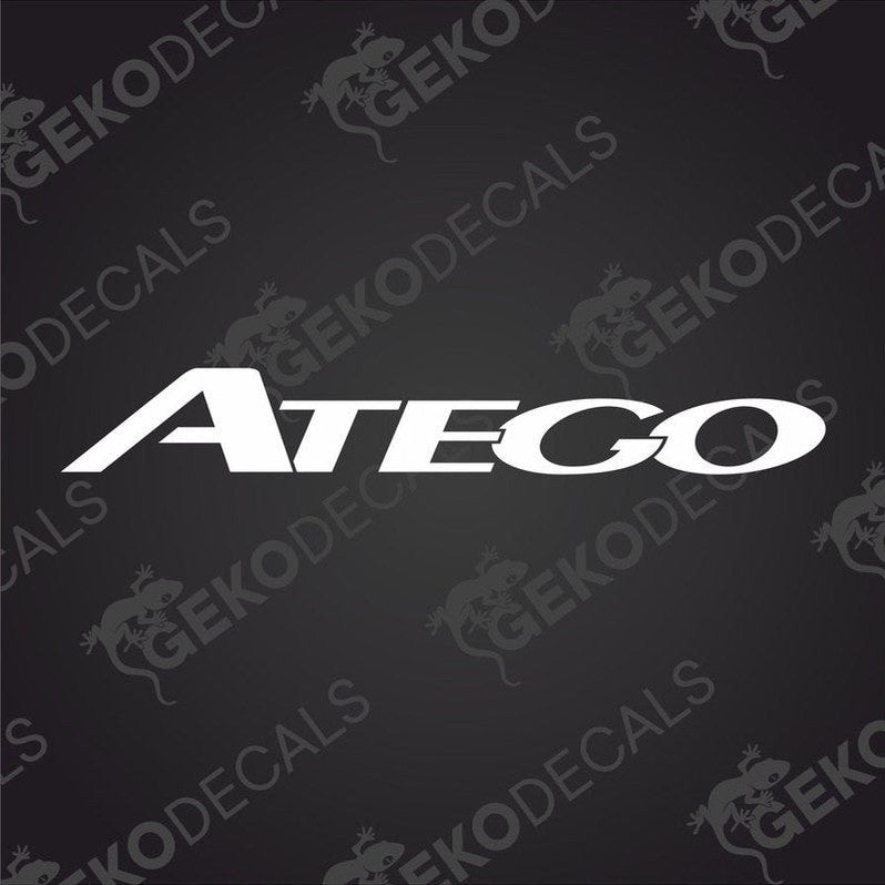 A decal with the brand name 'ATEGO' displayed prominently in white lettering against a transparent background, indicating it is designed for use on vehicles or other surfaces.