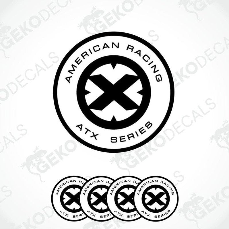 A set of four black, white, and gray vinyl stickers with the American Racing logo and ATX Series text.