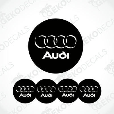 Inside the black circle are Audi circles with white as a shading and Audi lettering below it, the background is white with GeckoDeckals watermarks