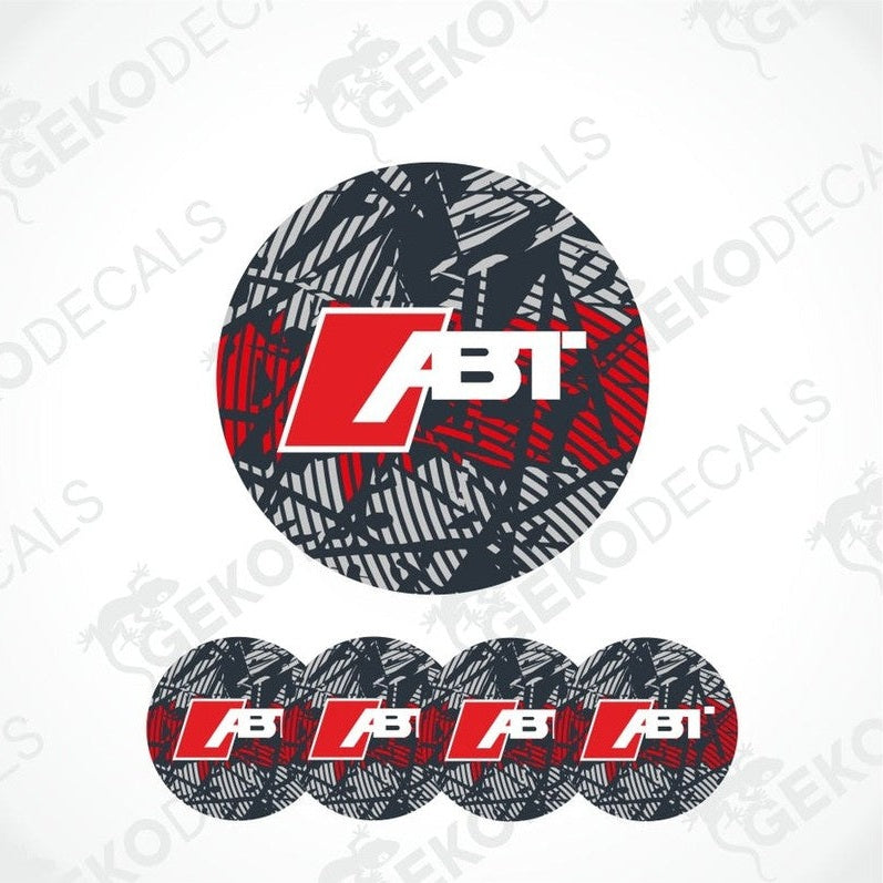 A set of four round vinyl stickers with a geometric red, grey, black pattern and the ABT brand logo in the center.