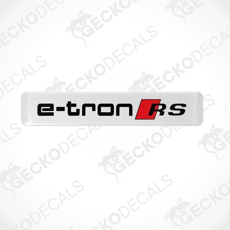 White, red, and black vinyl decals with the text 'e-tron RS' on them, placed on a white background.