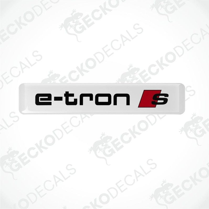 White stickers with black text E-TRON and red Audi S-line logo
