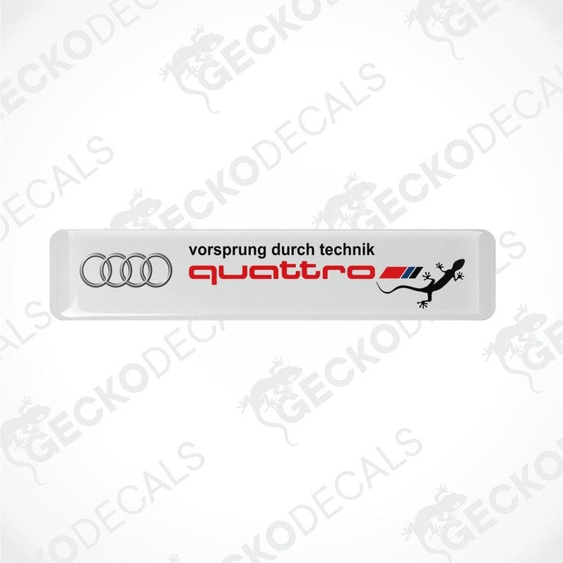 White vinyl decals with 'quattro' and 'vorsprung durch technik' text, and Audi logo