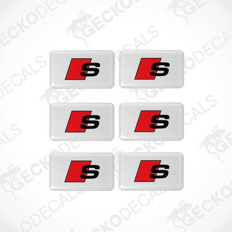 A set of six white, red, and black car decals with the 'S-line' logo.