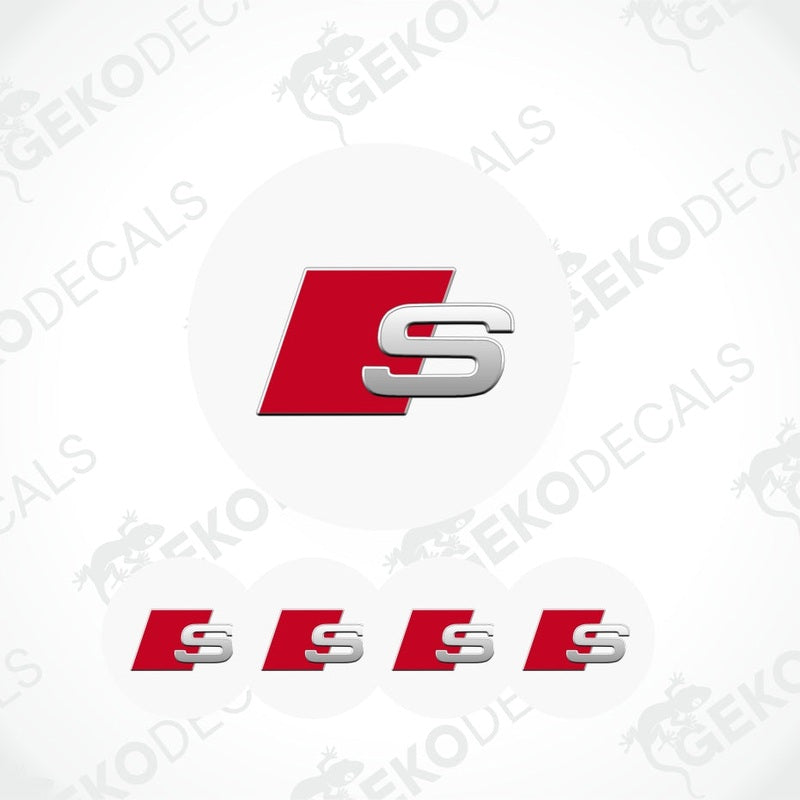 Red and silver Audi S logo decal on a white background with 'GEKODECALS' branding.