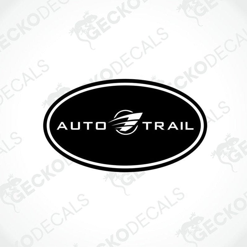 A die cut sticker with the text 'AUTO-TRAIL' on a black oval background, intended for use as a car decal.