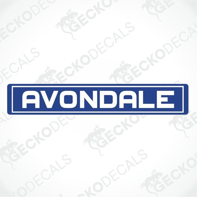 Blue AVONDALE caravan sticker with white text and border for interior or exterior use