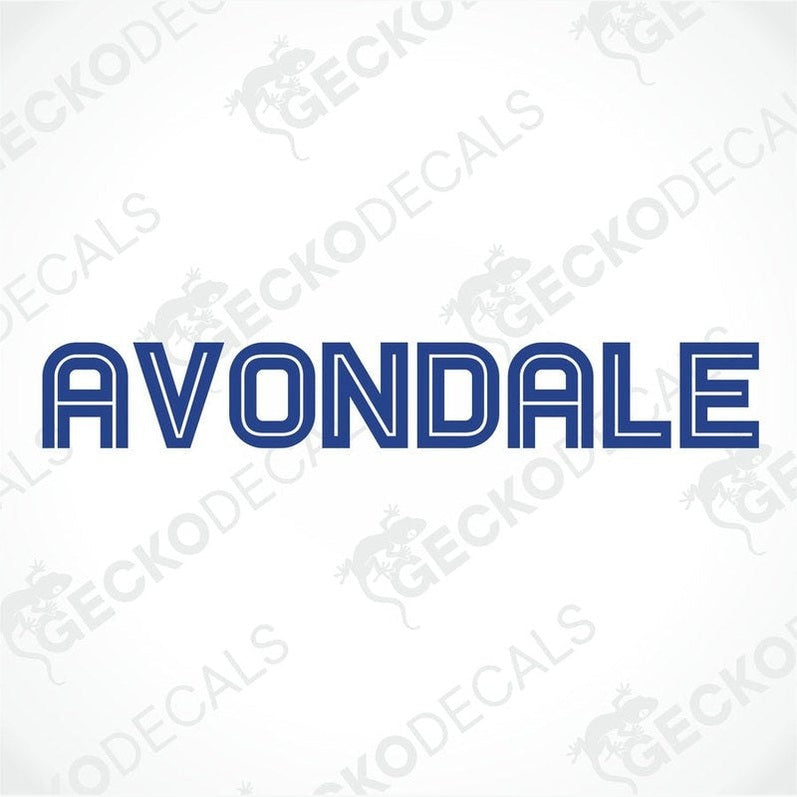 AVONDALE Caravan die-cut sticker with blue retro block lettering and white outline