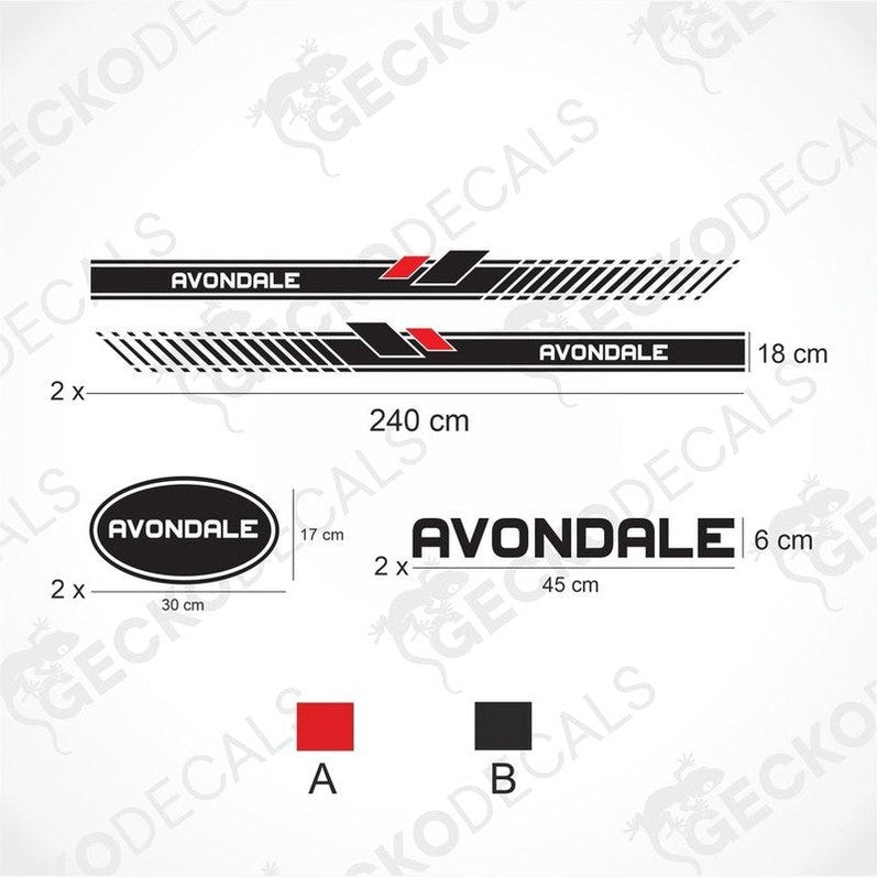 Avondale caravan decoration set diagram showing 240cm side stripe decals and logo dimensions