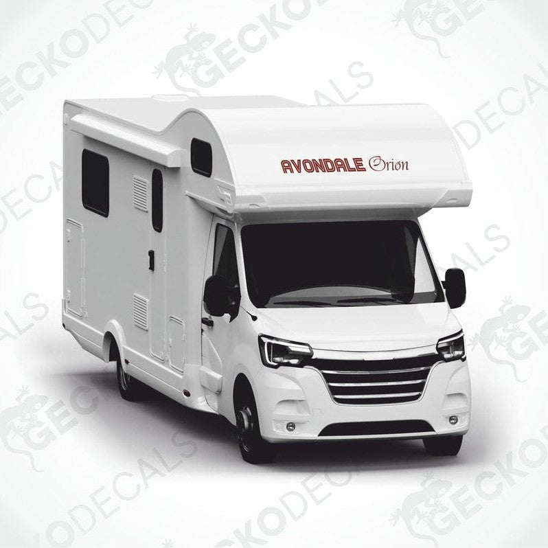 Avondale Orion caravan die-cut sticker in reddish-brown on motorhome side