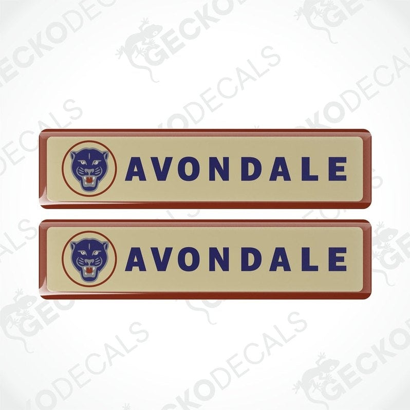 Set of two Avondale Panther vinyl decals featuring blue panther head and brown border