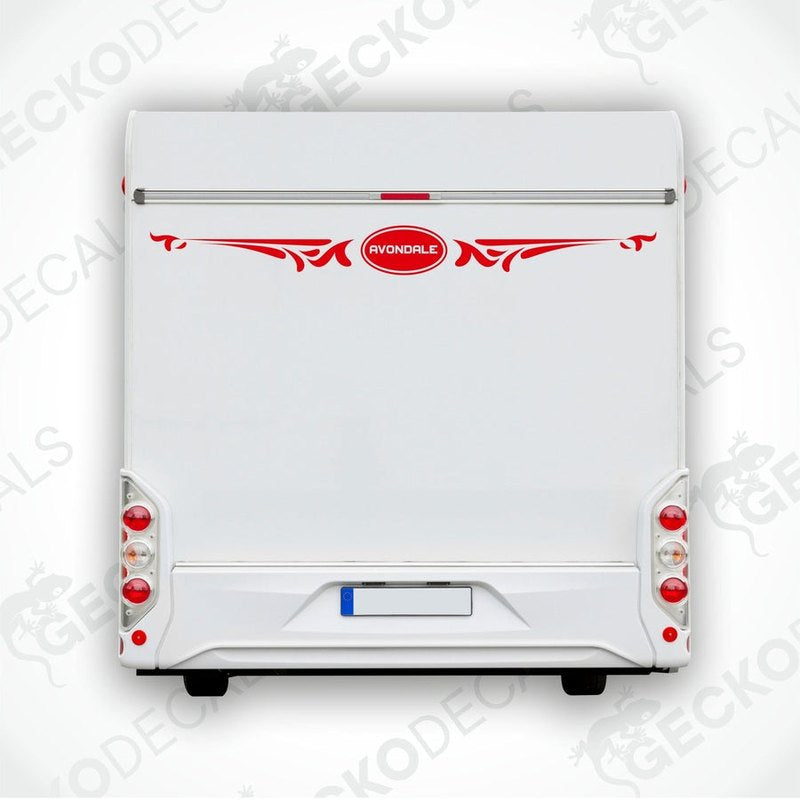 Red Avondale caravan rear decal with ornate scrollwork on white vehicle