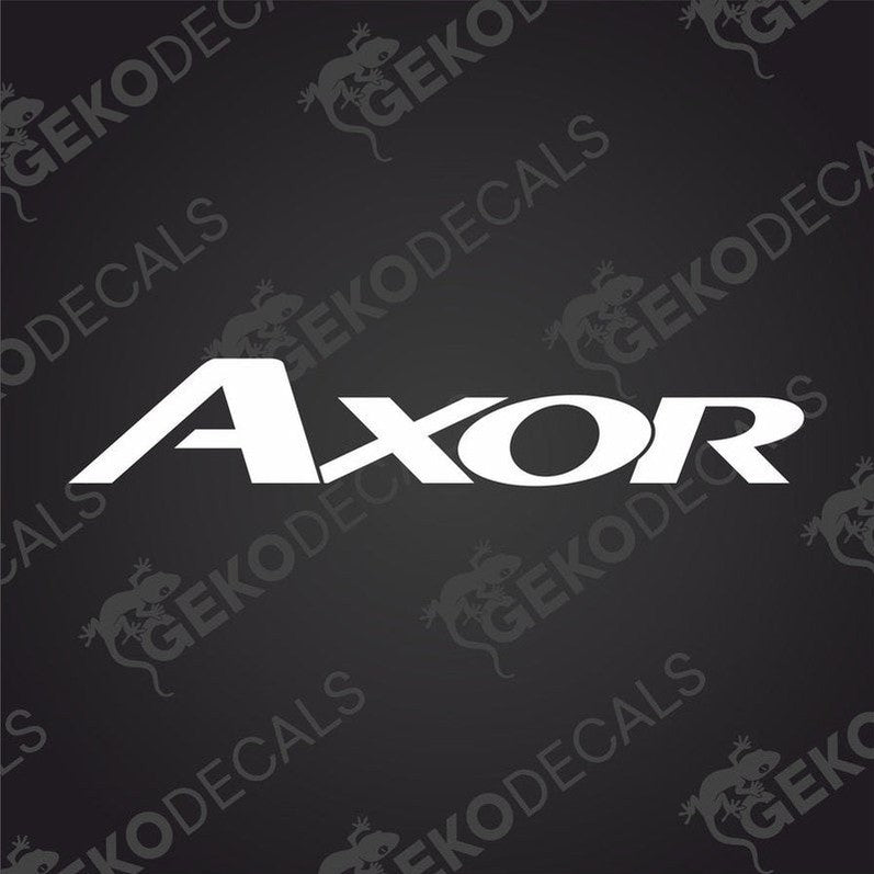 A decal with the brand name 'AXOR' displayed prominently in white lettering against a transparent background, indicating it is designed for use on vehicles or other surfaces.