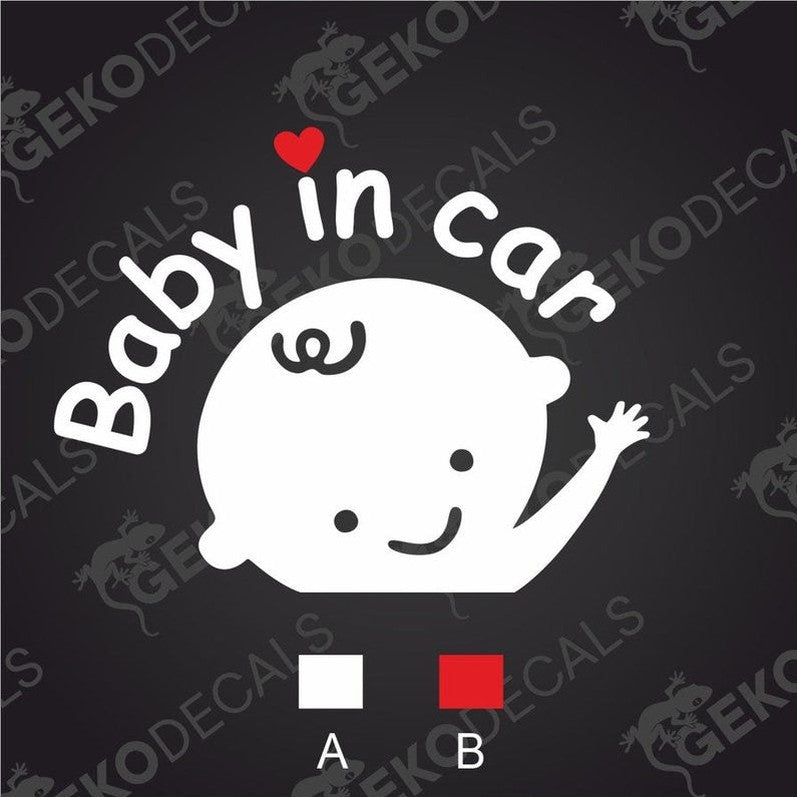 White Baby in Car die cut decal with waving baby graphic and red heart