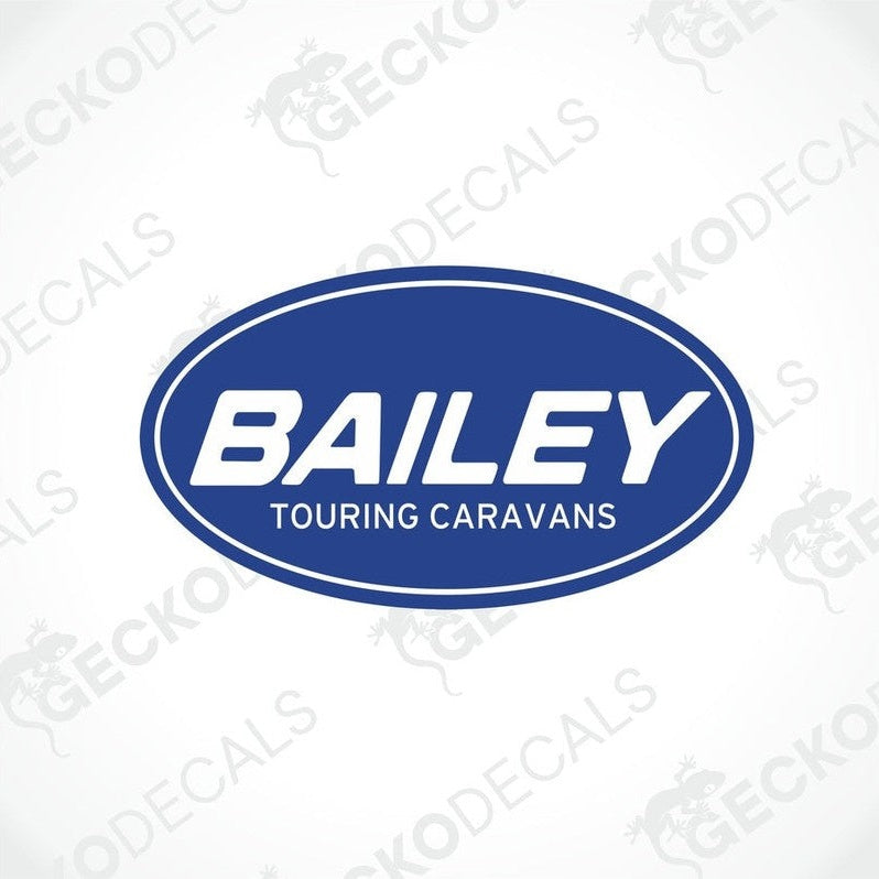 Blue oval BAILEY touring caravan sticker with white text for interior or exterior use