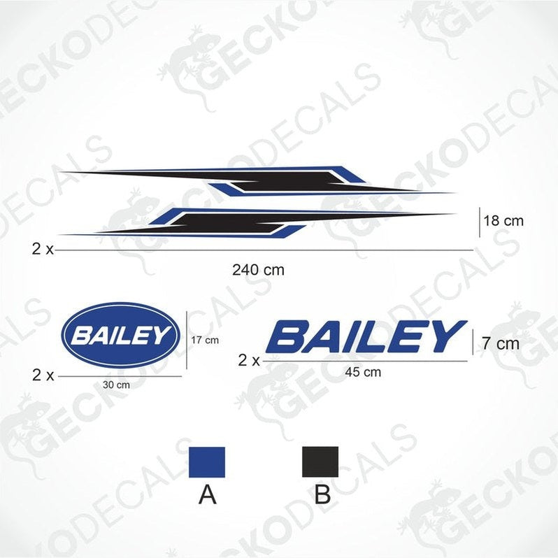 BAILEY caravan decoration set diagram showing dimensions for side, logo and text die-cut stickers