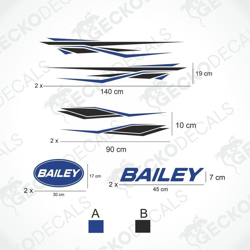 BAILEY caravan decoration sticker kit diagram showing blue and black side stripe and oval logo dimensions