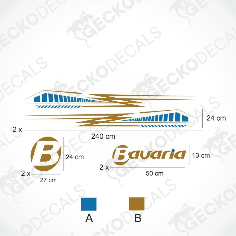 BAVARIA caravan decal set with blue and gold side stripes, oval logos, and text stickers on transfer paper