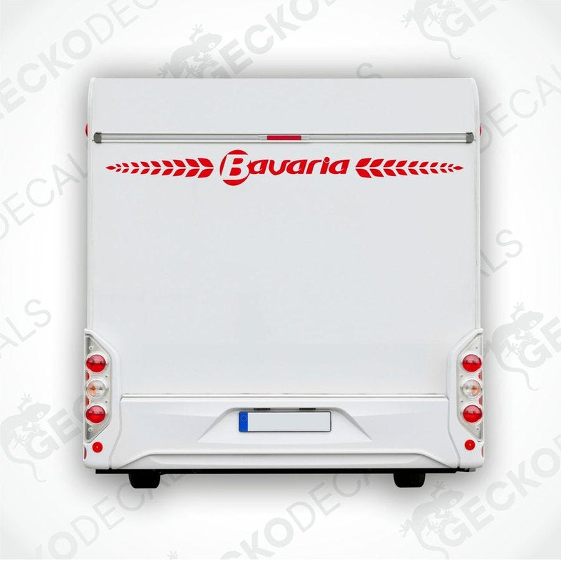 Red Bavaria rear caravan decal applied to white trailer door