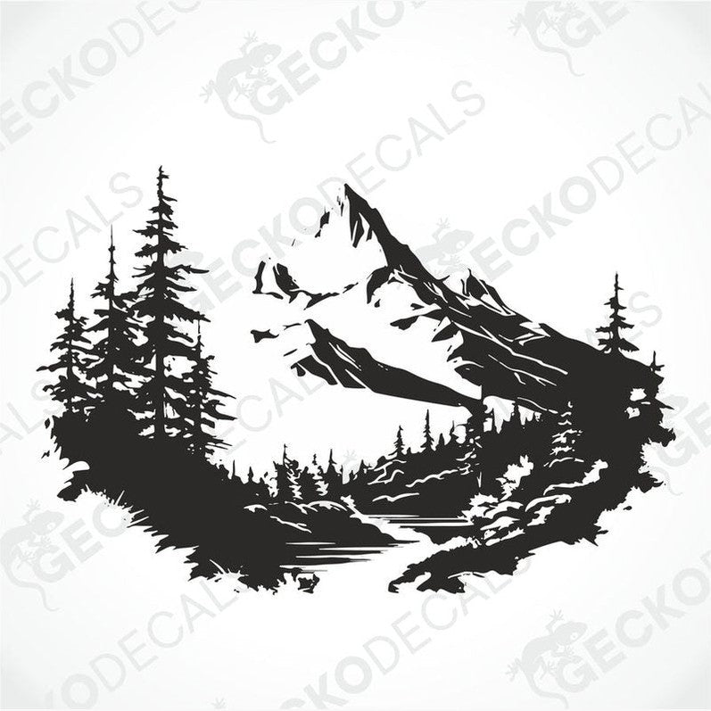 A die cut decal of a mountain scenery with trees, intended for use on vehicles or equipment.