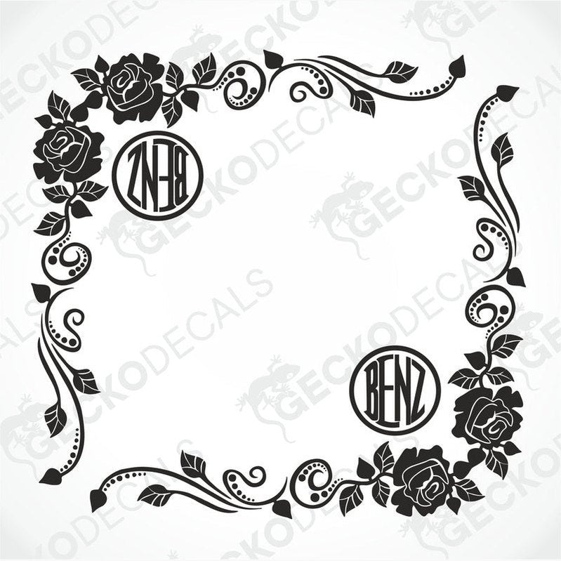 A set of black and white floral side window decals with the word 'BENZ' and a graphical representation of a rose and leaves.