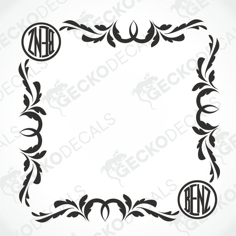 A black and white image of a die cut decal with a floral pattern and the Mercedes-Benz logo incorporated into the design.