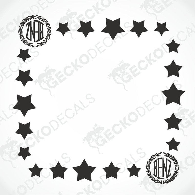 A variety of black star-shaped decals and roundel decals with the Mercedes-Benz logo, designed for use as vehicle side window decorations.