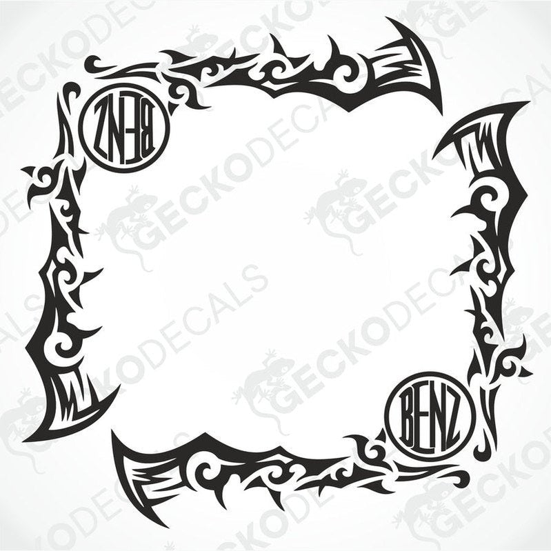 A set of two black tribal patterned side window decals with the logo 'BENZ' on them, designed for use on vehicles.