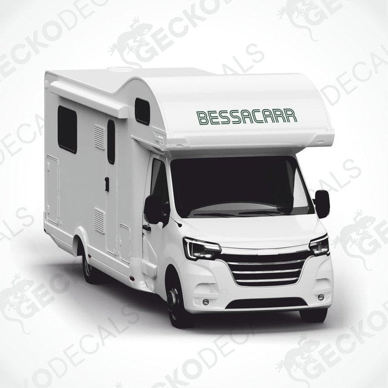 Dark green BESSACARR die-cut sticker on white motorhome roof