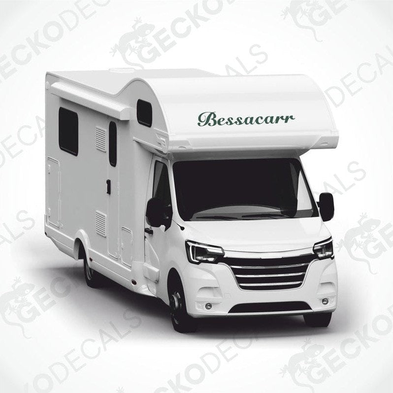 Green Bessacarr caravan decal applied to motorhome roof