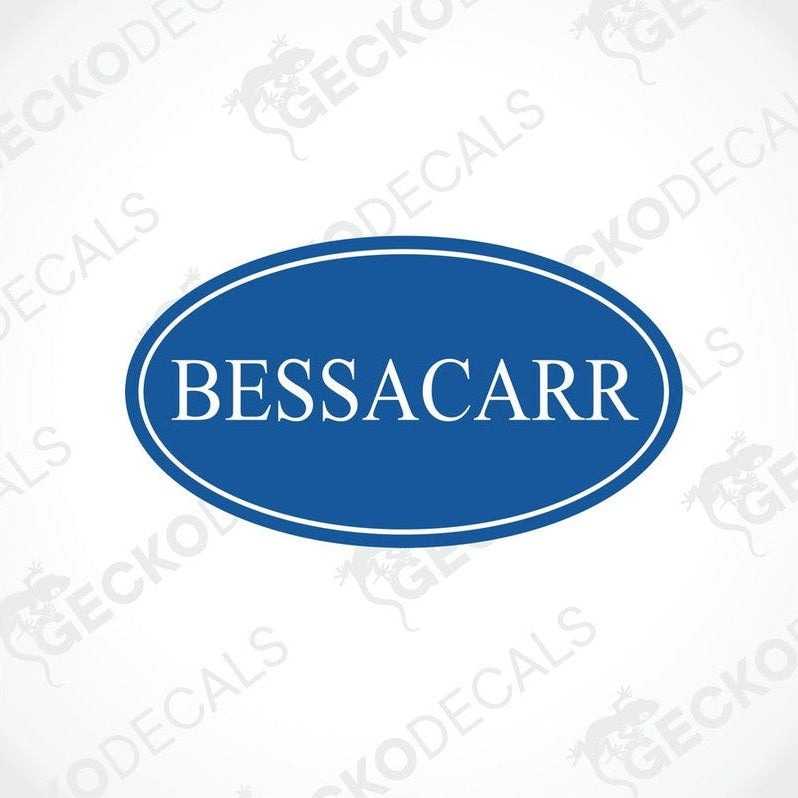 Blue oval BESSACARR caravan sticker with white text and border