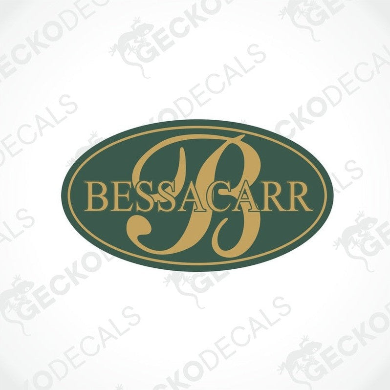 BESSACARR oval caravan sticker with dark green background and gold letter B logo