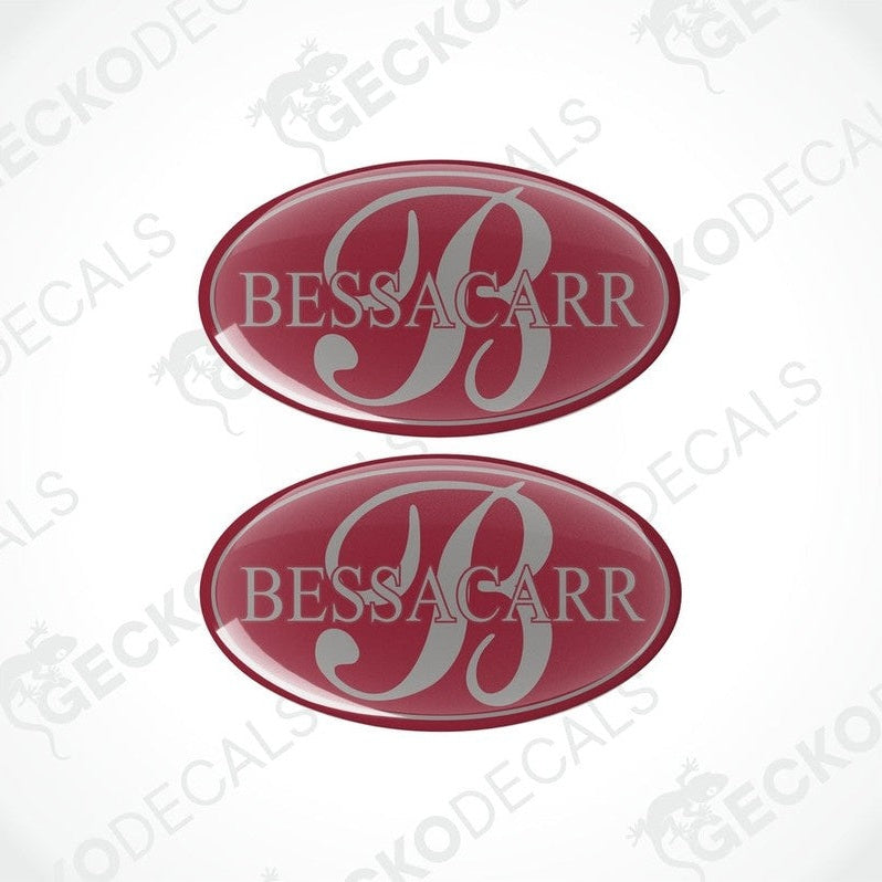 Set of two Bessacarr caravan vinyl decals with glossy red dome coating