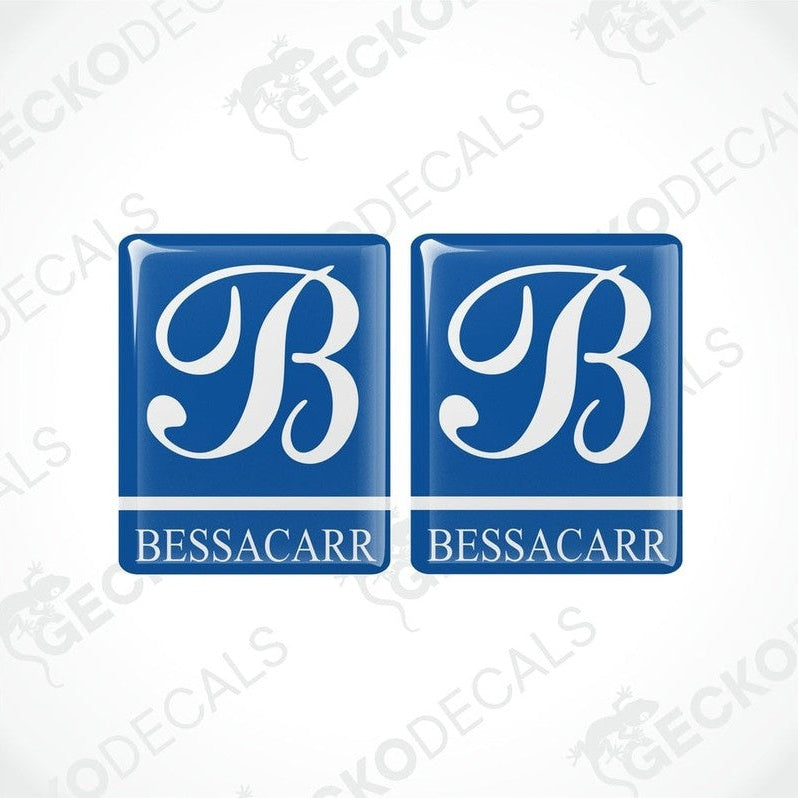 BESSACARR Caravans epoxy resin decals set with domed blue finish and white logo