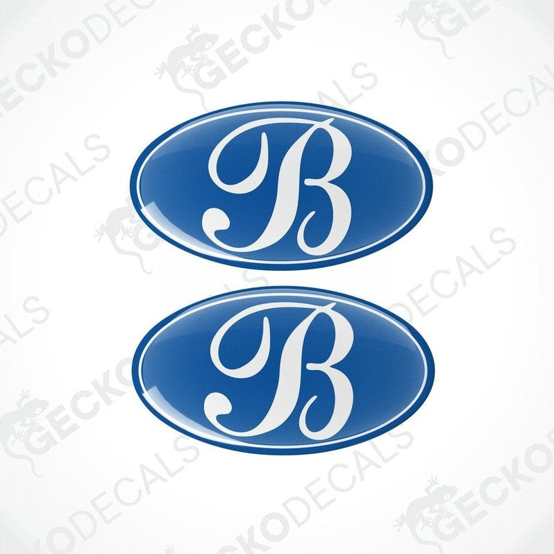BESSACARR Caravans epoxy resin decals set with glossy blue domed finish and white cursive B logo
